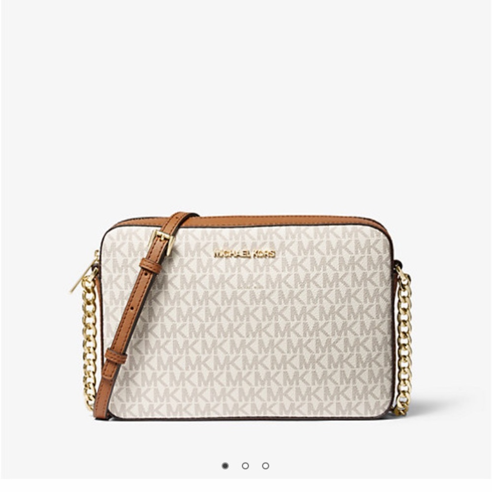 NWT Jet Set Large Cream and Brown Printed Logo Crossbody Bag with Gold chain.